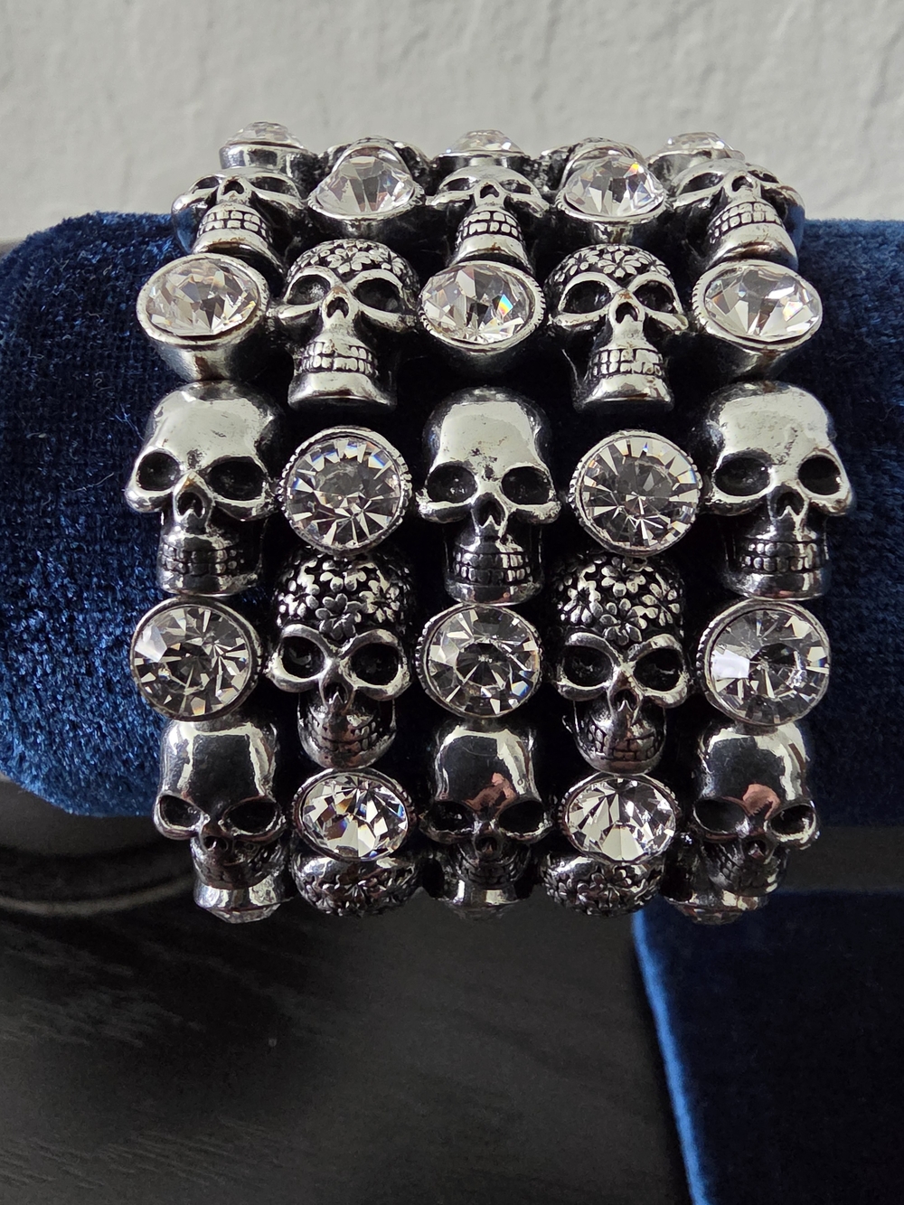 Silver Skull Stretch Bracelet with Clear Crystals